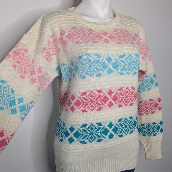 Vintage White Pink Blue Striped Snowflake Long Sleeve Wool Blend Sweater M/L - Picture 4 of 8
